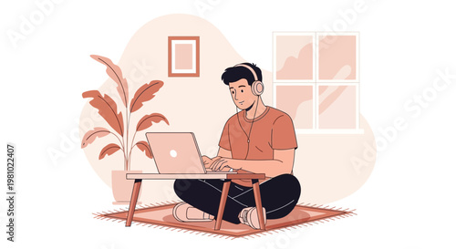 Young man working on laptop with headphones, sitting on floor at home, modern illustration