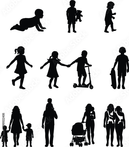 Silhouettes of Childhood and Parenthood Stages Depicting Play, Growth, Caregiving, Family Bonds, and Everyday Life Interactions