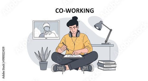 Young man working remotely on a tablet, headphones on, in a modern co-working space.