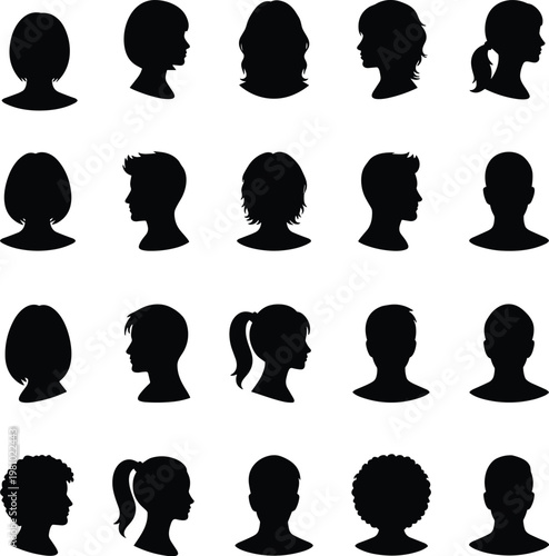 Silhouettes of Human Head Profiles Displaying Diverse Hairstyles, Side Views, Facial Shapes, and Minimalist Artistic Representation in Grid Arrangement