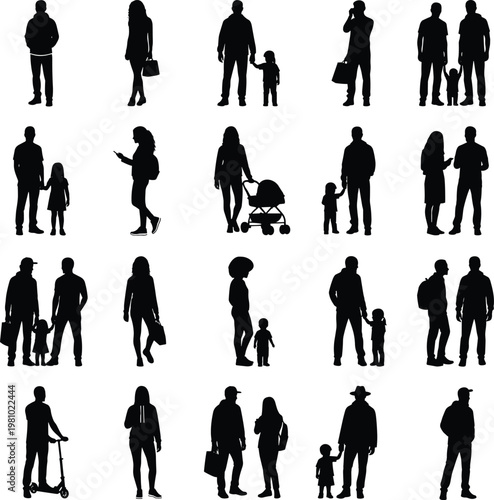 Silhouettes of People in Everyday Activities, Family Interactions, Technology Use, Walking, Parenting, and Modern Lifestyle Poses in Grid Design