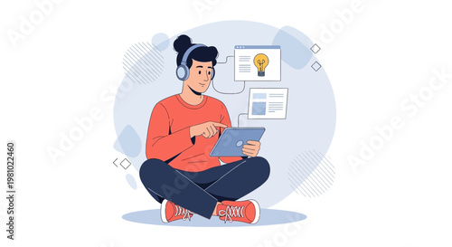 Young person with headphones learning on tablet, idea bulb icon, online education concept