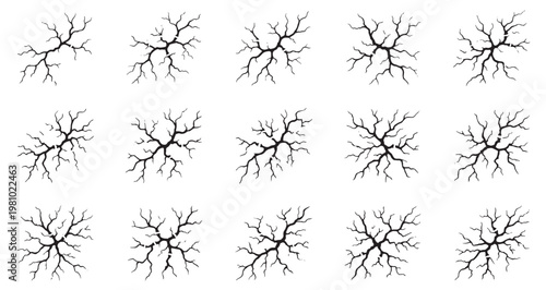 Neural Network Crack Patterns Set, branching crack designs, spiderwebs, electrical lightning. Editable Vector Stroke Illustration. featuring fracture, broken, damage, rupture, split, fissure more.