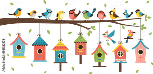 Colorful birdhouses and birds perched on a tree branch with falling leaves in a whimsical illustration