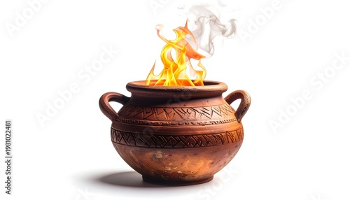 A rustic brown earthenware pot, centered against a white backdrop, holds vibrant orange flames and wispy smoke, suggesting cooking