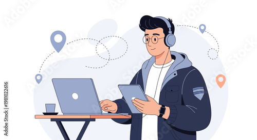 Young man with headphones and laptop, working remotely with tablet and coffee
