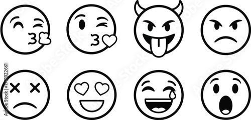 A collection of eight black and white circular emoticons depicts a range of human emotions including happiness sadness and mischief high quality professional