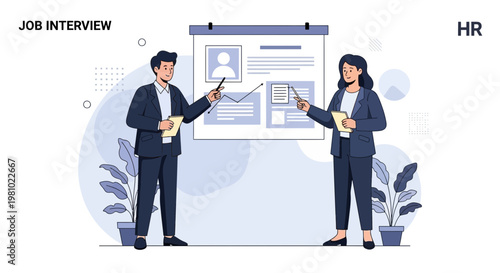 Job Interview HR Meeting: Business Professionals Discussing Candidate Profile on Whiteboard