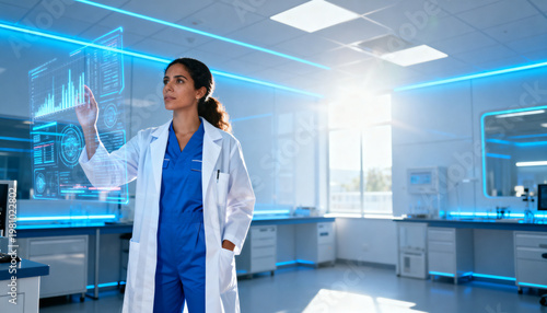 Cloud computing concept with holographic data streams, blue neon lighting, high-tech environment