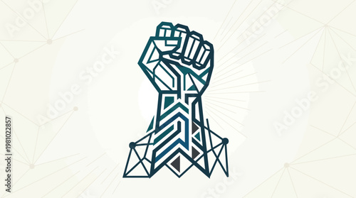 Geometric stylized fist representing power, technology, and connectivity, with intricate circuit-like patterns in blue and teal on a light background.