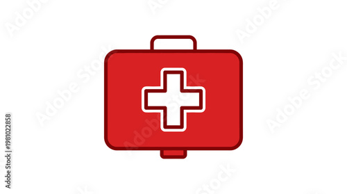 A red first aid kit box with a white cross symbol and medical tools representing emergency healthcare and help