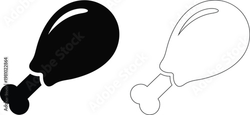 Black and white illustration of a chicken leg with bone comparison Vector