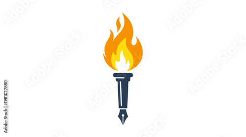 A stylized illustration of a burning torch with a pen nib handle, symbolizing knowledge and enlightenment.