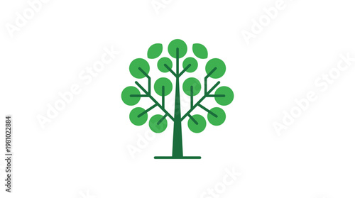 A minimalist and stylized green tree icon featuring circular leaves and a sturdy trunk, set against a clean white background, symbolizing nature and growth.