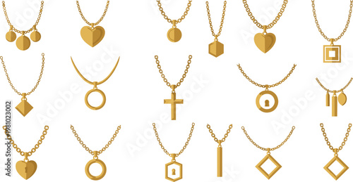 Vector collection of elegant gold pendants and necklaces featuring various geometric shapes and symbolic charms for luxury fashionVector collection of elegant gold pendants and necklaces featuring 