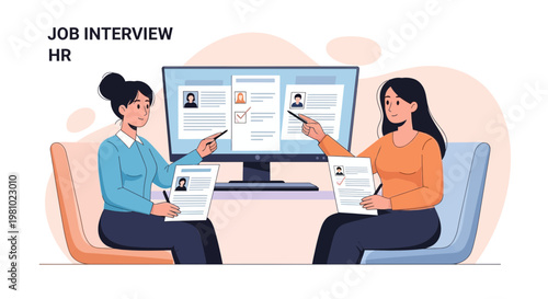 Job Interview HR: Two women reviewing resumes on computer and paper