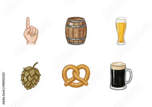 Craft Beer Brewery and Oktoberfest Elements with Vintage Inky Brush Strokes and Crayon Colorful Style