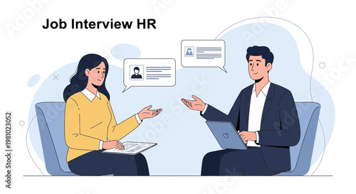 Job Interview HR: Woman and Man Discussing Career Opportunities with Laptop