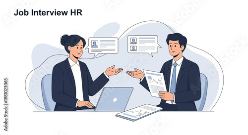 Job Interview HR: Woman HR Manager Interviews Man Candidate with Laptop and Documents