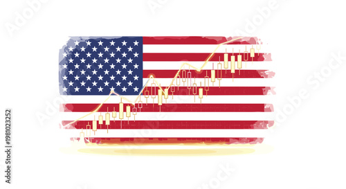 A glowing golden stock market candlestick chart rises steadily across a weathered American flag with a soft white glow on a clean white background space.
