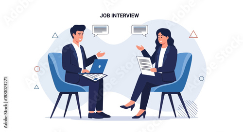 Job Interview: Man and Woman in Business Attire Discussing Careers with Laptop and Resume