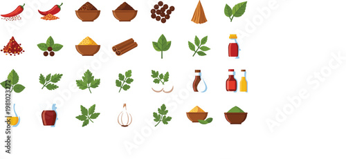 Flat design vector icon set of culinary spices fresh herbs and condiments for kitchen and cooking applicationsFlat design vector icon set of culinary spices fresh herbs and condiments for kitchen and 