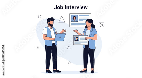 Job Interview: Man and Woman Discussing Resumes and Laptop