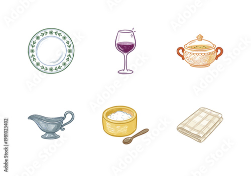 Dining Tableware and Fine Dining Kitchen Utensils with Inky Crayon Brush Strokes and Calligraphic Flourishes