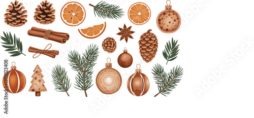 Vector set of rustic Christmas elements featuring pine cones cinnamon sticks dried oranges and copper ornamentsVector set of rustic Christmas elements featuring pine cones cinnamon sticks dried 