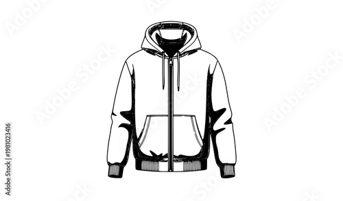 Mens fleece full zip hoodie with kangaroo pocket front view flat vector illustration apparel design