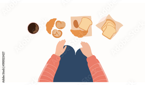 Breakfast time illustration with person relaxing coffee croissant toast cozy cafe vector scene