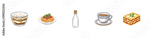 Italian Cuisine Culinary Elements and Traditional Food Dishes with Colorful Crayony Pencil Texture and Organic Calligraphic Flourish Aesthetic