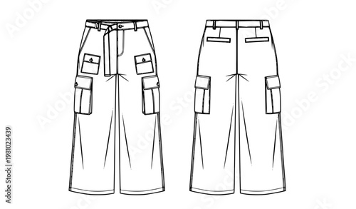 Wide leg cargo pants technical flat sketch with front and back view fashion vector illustration
