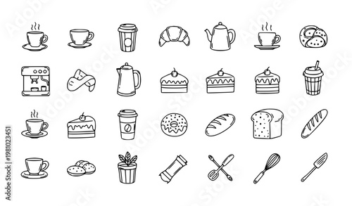 Doodle coffee shop and bakery icon set with cups pastries and cafe equipment hand drawn vector