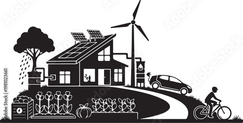 Black and white of eco friendly house with solar panels and wind turbine