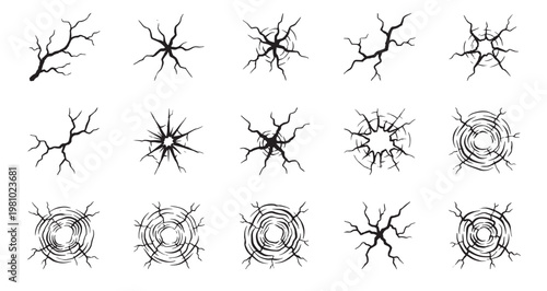 Metal Fatigue Crack Patterns Set, shatter, damage textures Editable Vector Stroke Illustration. featuring crack, broken, damage, effect, texture, vector, graphic, illustration, design, element more.