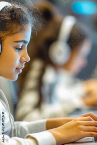 Young girl working on her laptop while wearing headphones. vertical frame