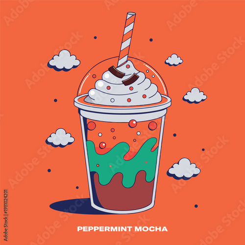 A cute vector illustration of a chocolate milkshake in a glass mug with whipped cream