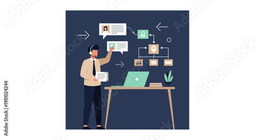 Business man with headset analyzing workflow and data on laptop, online communication