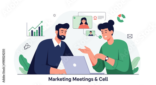 Business meeting online: colleagues discuss marketing strategy on video call