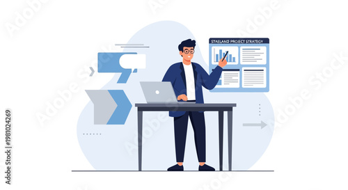 Business man presenting strategy on a whiteboard with charts and data, laptop on desk