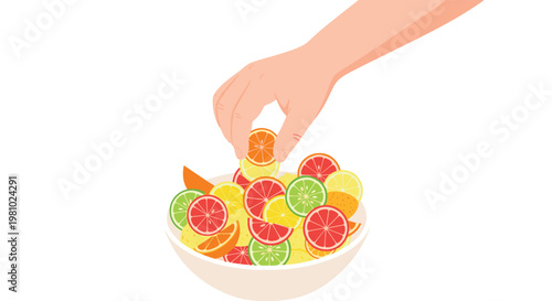 A delicate human hand reaches down to select a vibrant orange slice from a white ceramic bowl filled with colorful citrus fruit rounds and segments.
