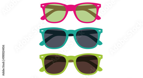 Three pairs of colorful sunglasses, magenta, teal, and lime green, are neatly stacked against a stark white backdrop for a vibrant summer fashion display.