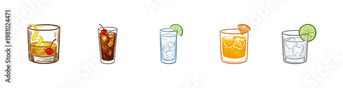 Classic Alcoholic Cocktails and Refreshing Summer Drinks with Fluid Crayon Pencil Texture and Crayon Colorful Aesthetic