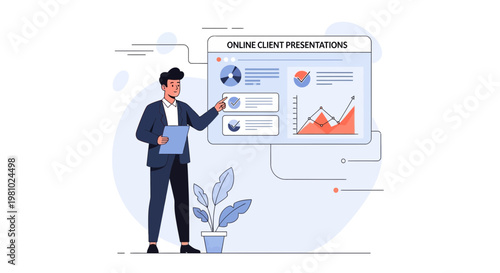 Businessman presenting online client data analytics and charts on a digital screen