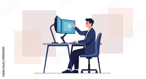 Businessman working on dual monitors, touching screen, modern office, technology concept