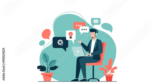 Customer service agent with headset and laptop, communication and ideas concept