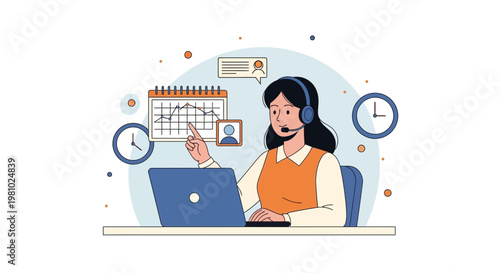 Customer service agent with headset and laptop, planning and time management concept