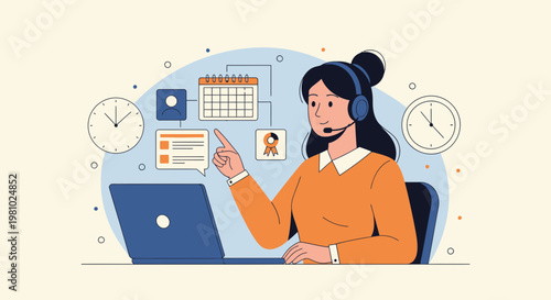 Customer service agent with headset and laptop, planning and time management concept