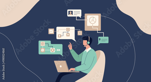 Customer service agent with headset and laptop, surrounded by communication icons and workflow diagrams